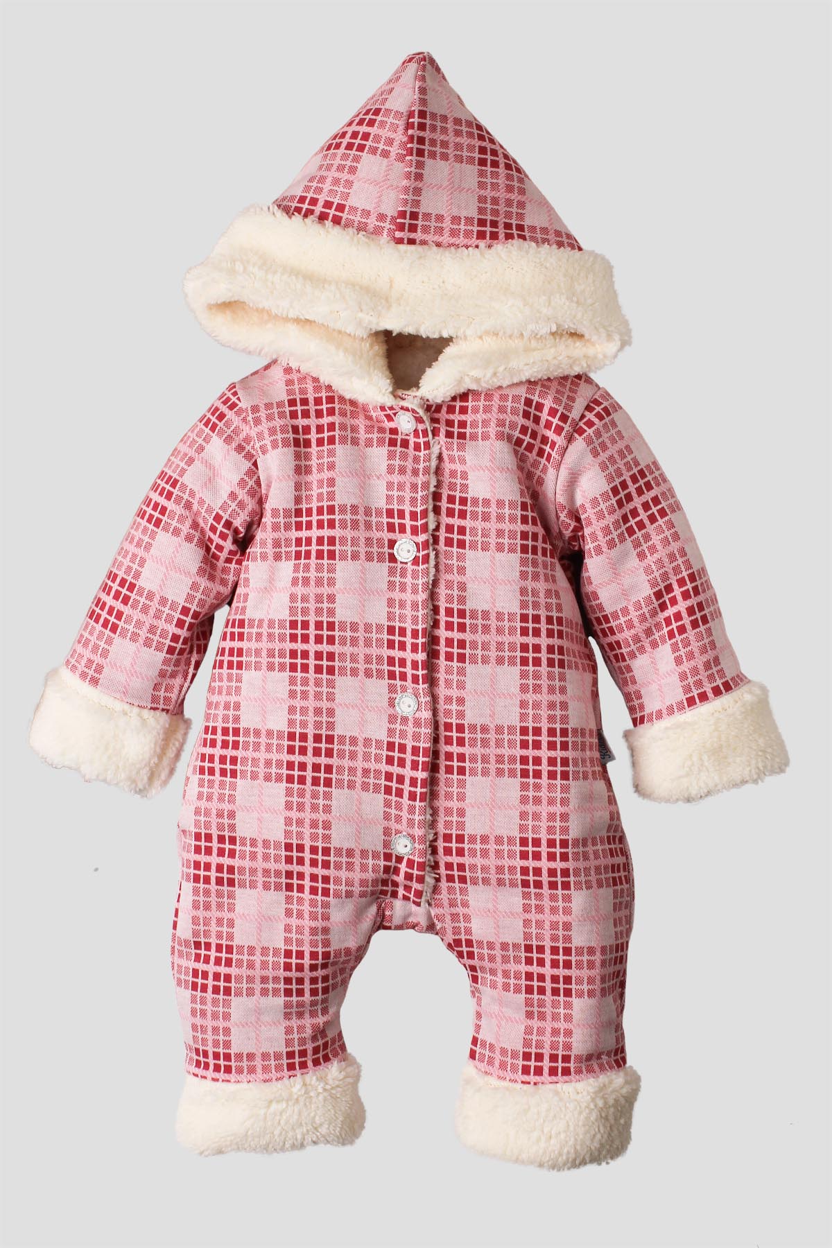 Kız Bebek Kapüşonlu Ekose Desenli Peluş Astarlı Tulum 0 12 Ay